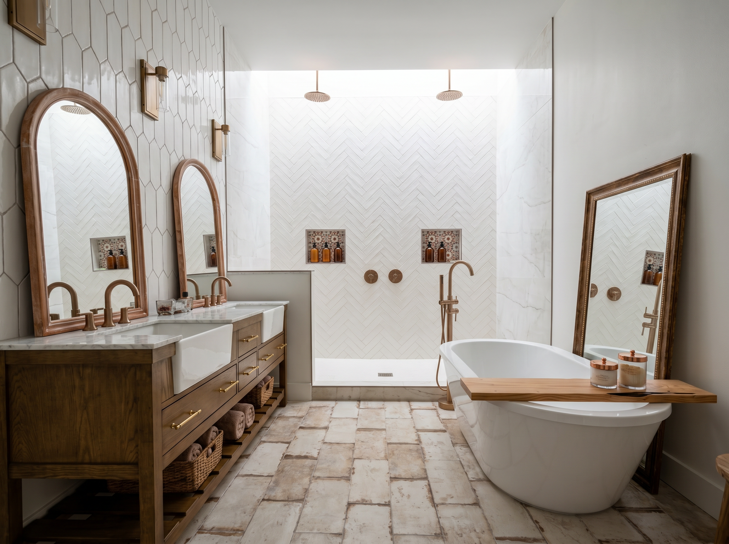 Luxury master bathroom renovation with freestanding tub and herringbone tile — May Construction