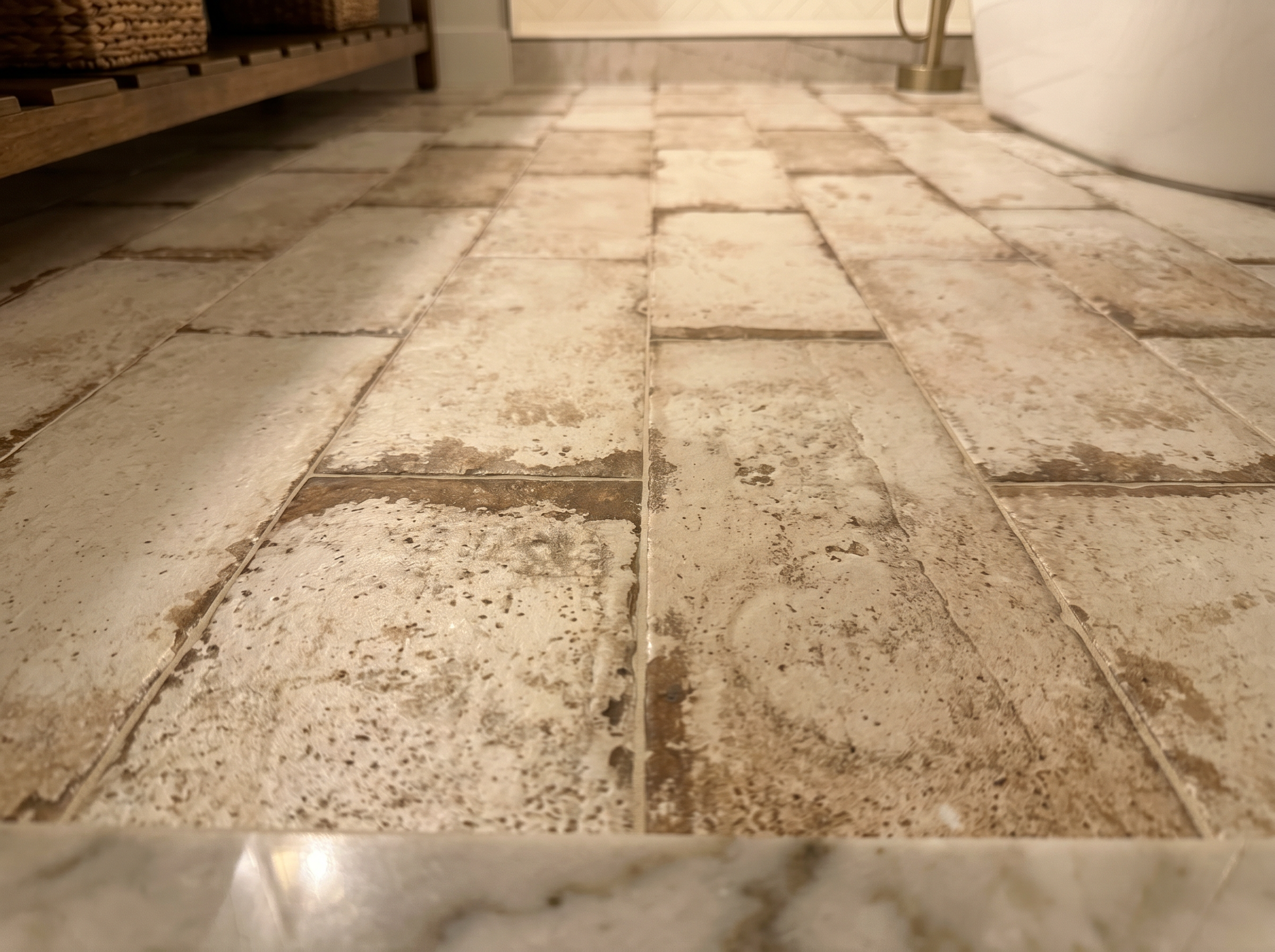 Large format floor tile detail in luxury master bathroom — precision installation — May Construction