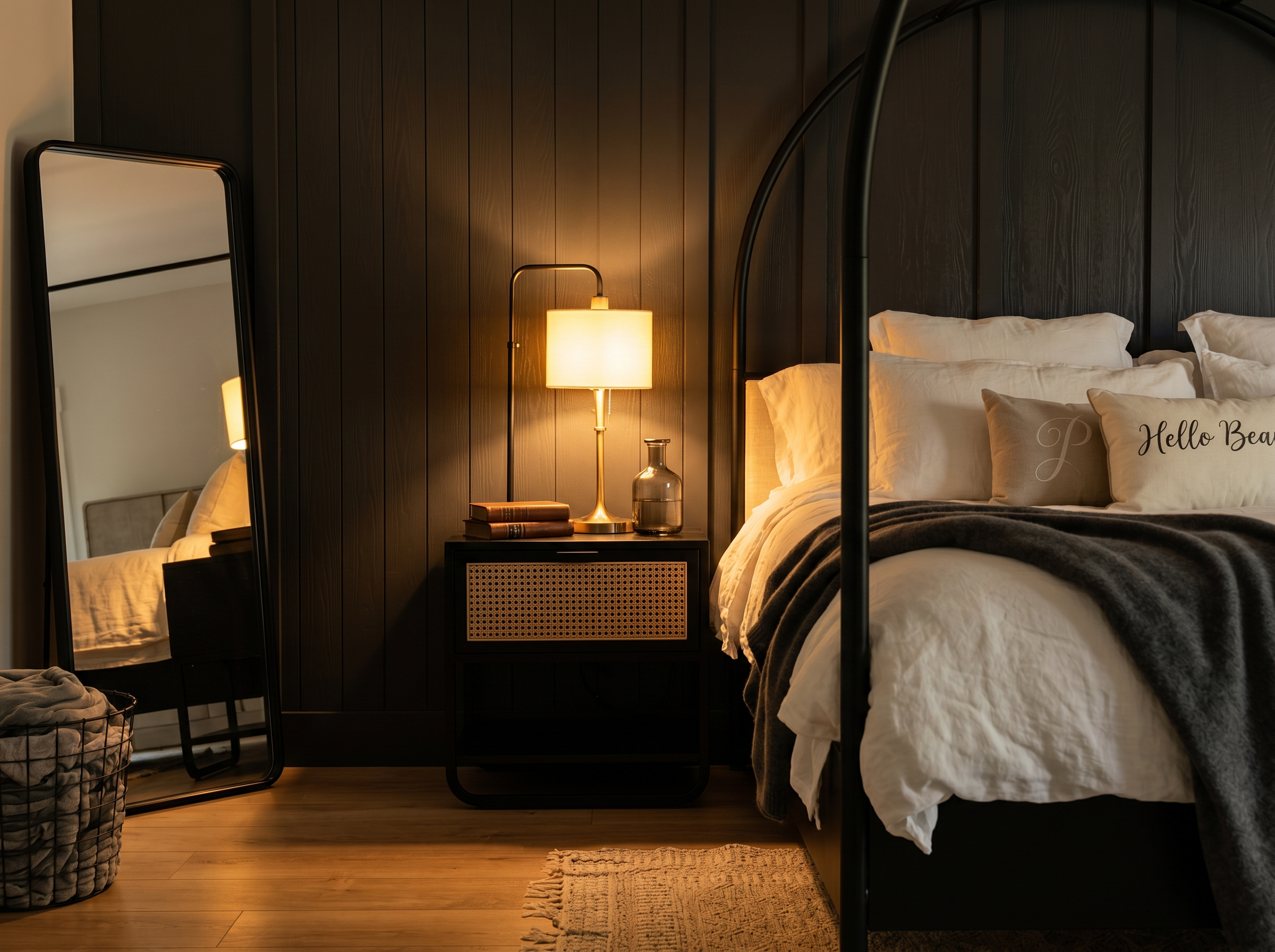 Bedside detail with warm lamp and dark shiplap accent wall — May Construction