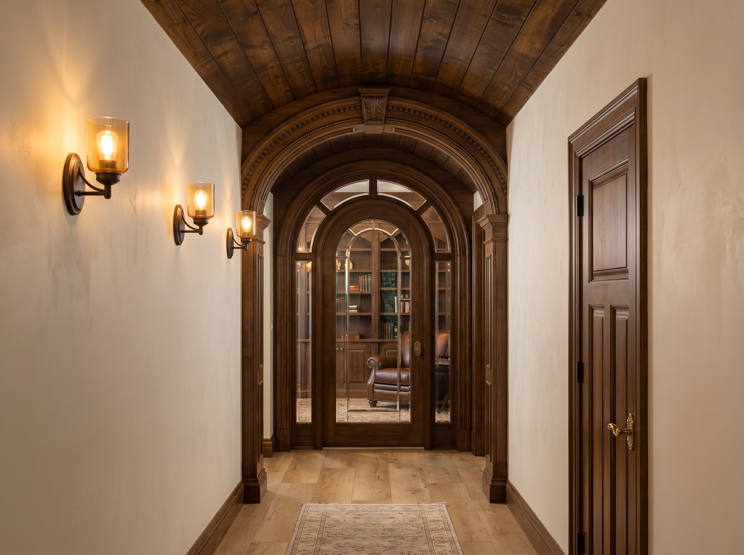Custom arched doorway with detailed trim work and shiplap barrel vault ceiling — luxury renovation — May Construction