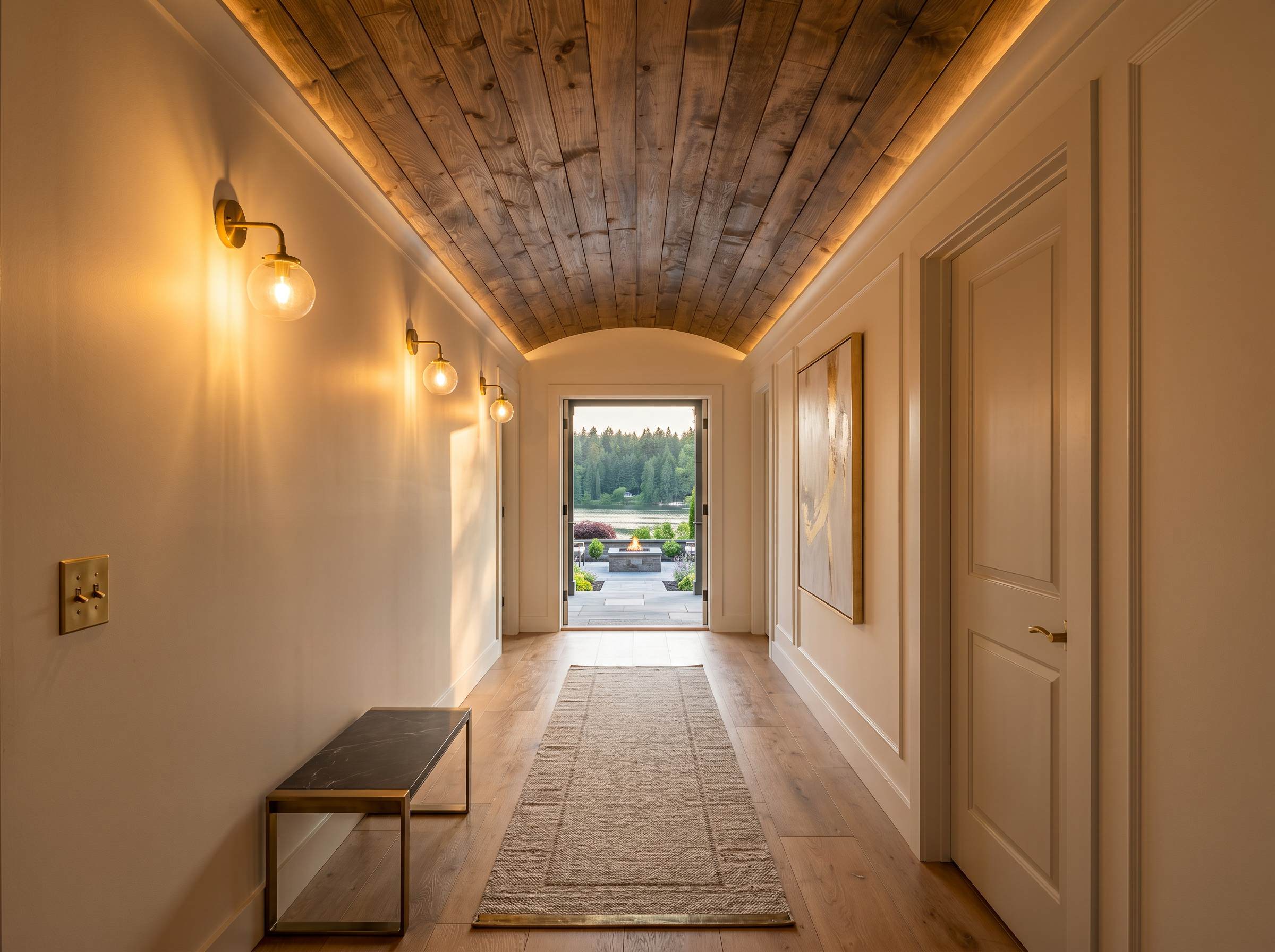 Custom barrel vault shiplap ceiling hallway with arch detail and brass sconces — Canton, GA — May Construction