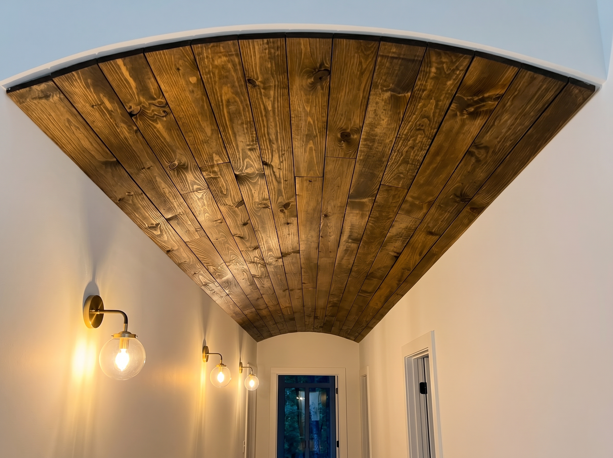 Close-up of barrel vault shiplap wood ceiling with brass sconces — custom craftsmanship — May Construction