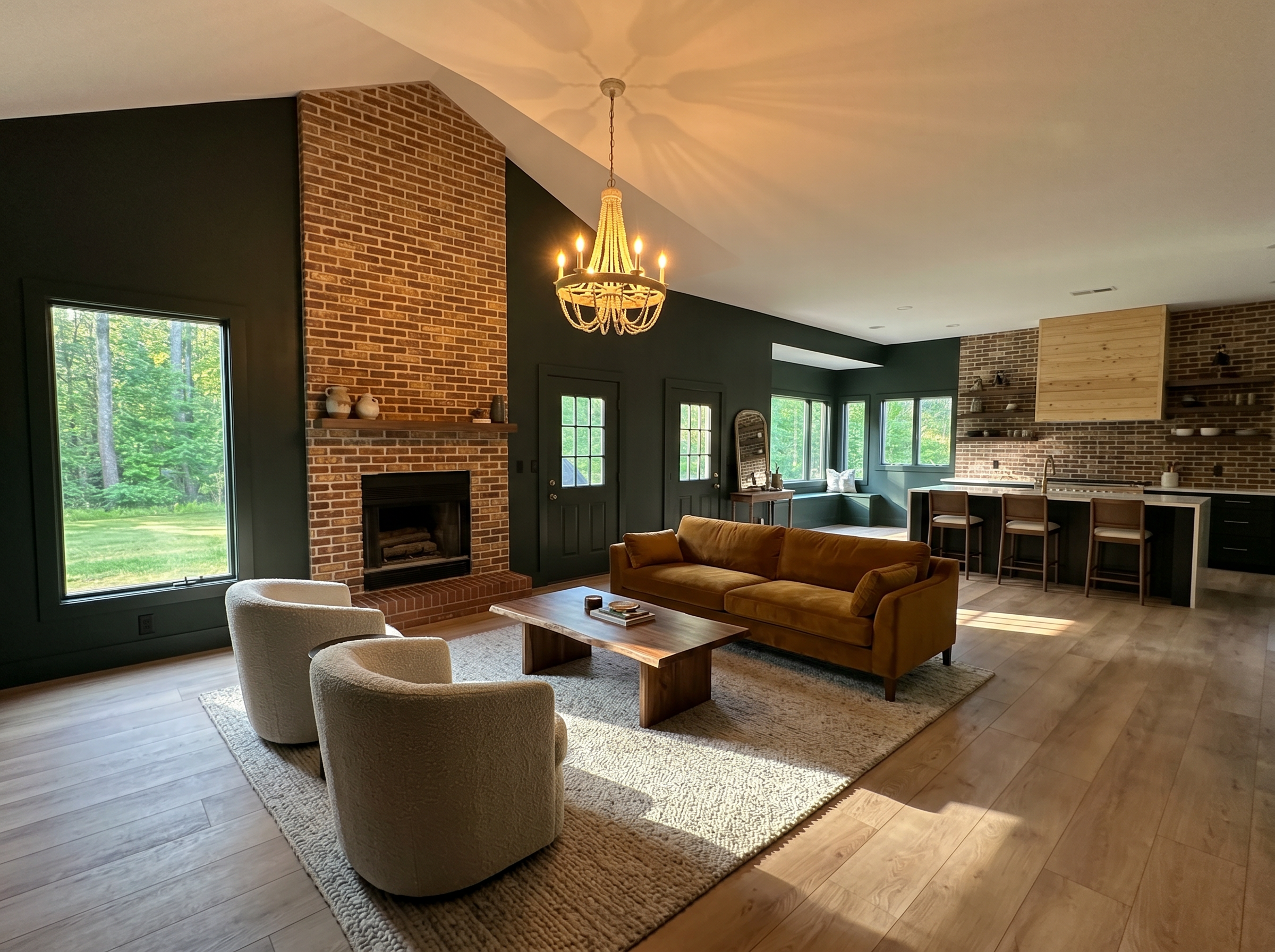 Open concept living room with brick fireplace, dark green accent walls, hardwood floors — new build — Canton, GA — May Construction