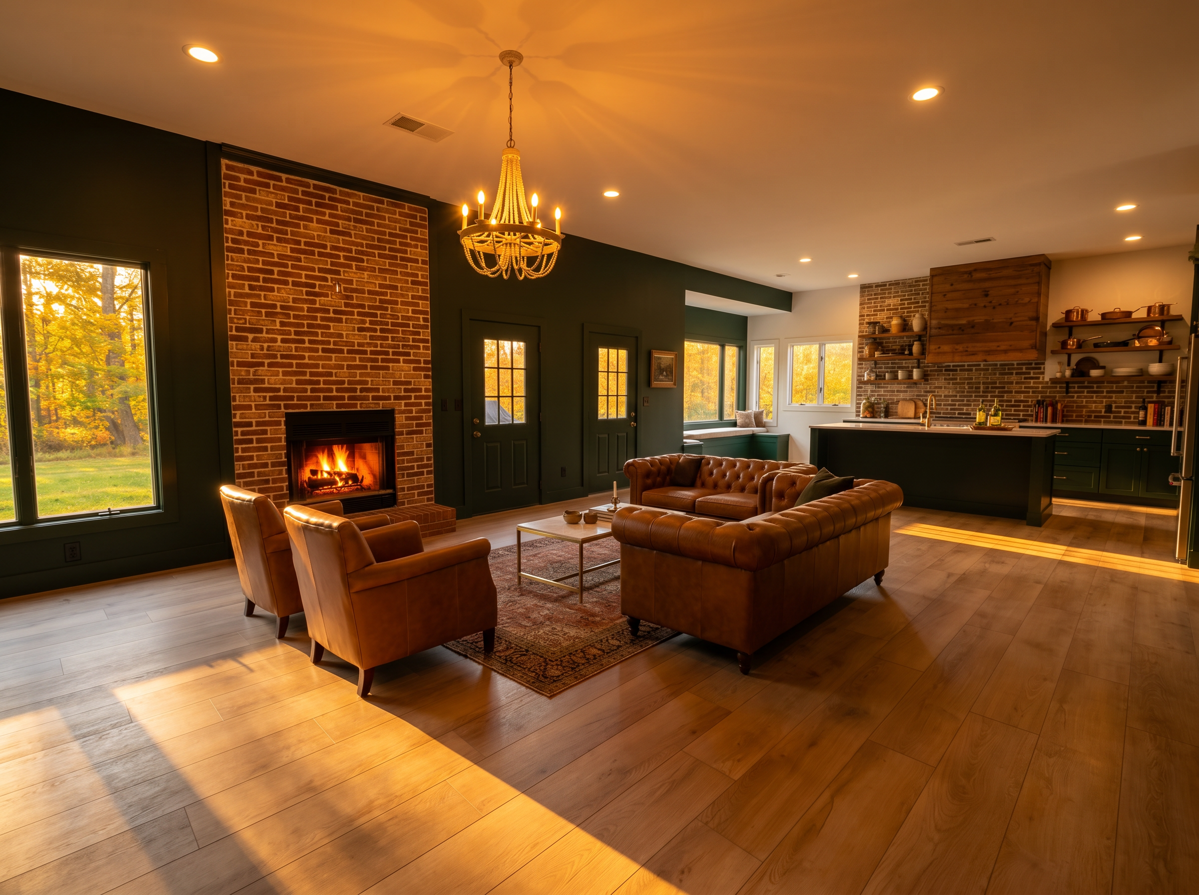 Open concept living area at golden hour — May Construction